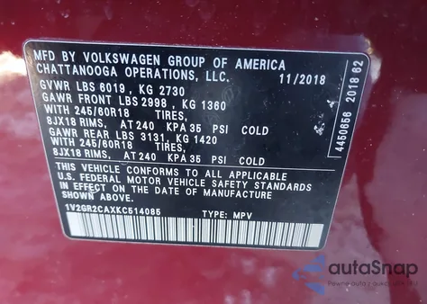 2019 Volkswagen Atlas 3.6L V6 S from USA, damaged, VIN 1V2GR2CAXKC514085